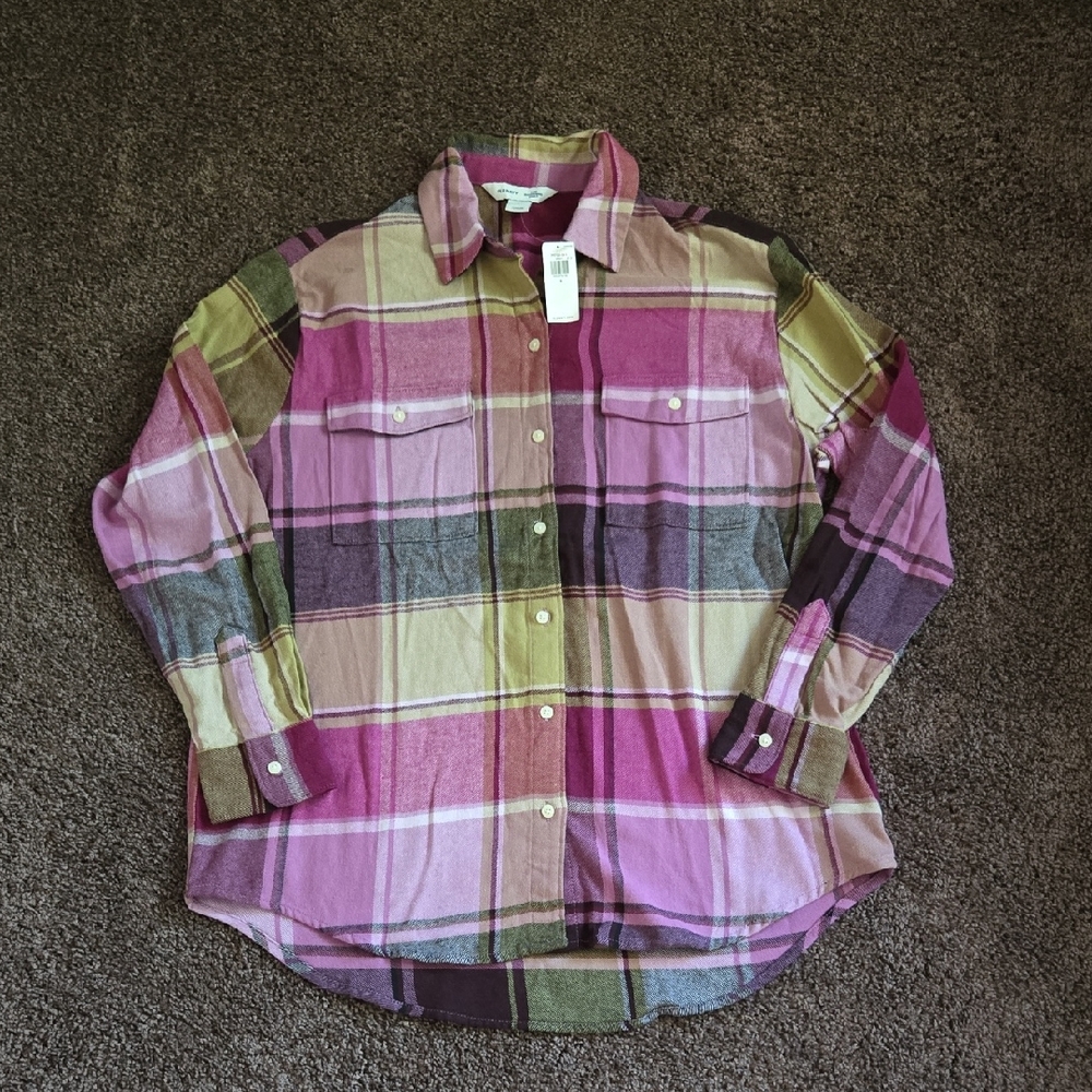 NEW Old Navy Purple Green Plaid Boyfriend Shirt S